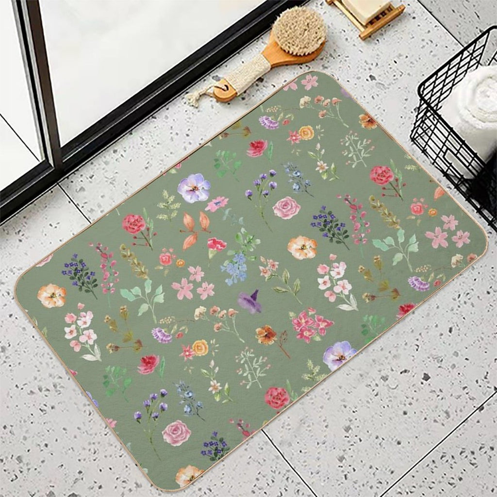 Watercolour Floral Pattern in Sage Green  Eco-Friendly Bath Mat