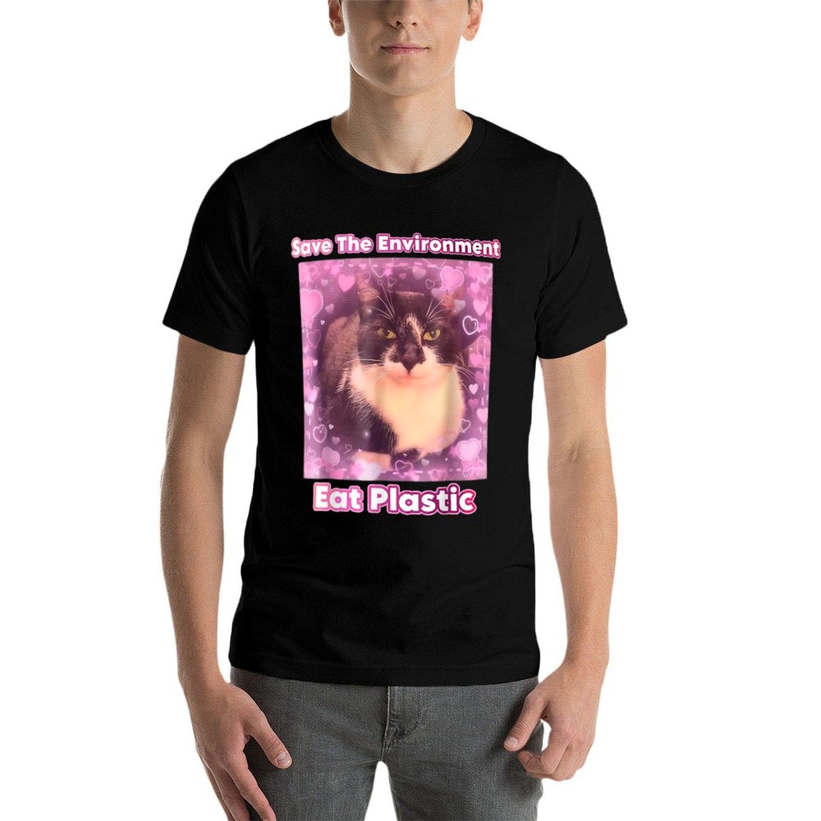 Save The Environment Eat Plastic Cat Meme Funny Memes Gen Z  Easy-care T-Shirt