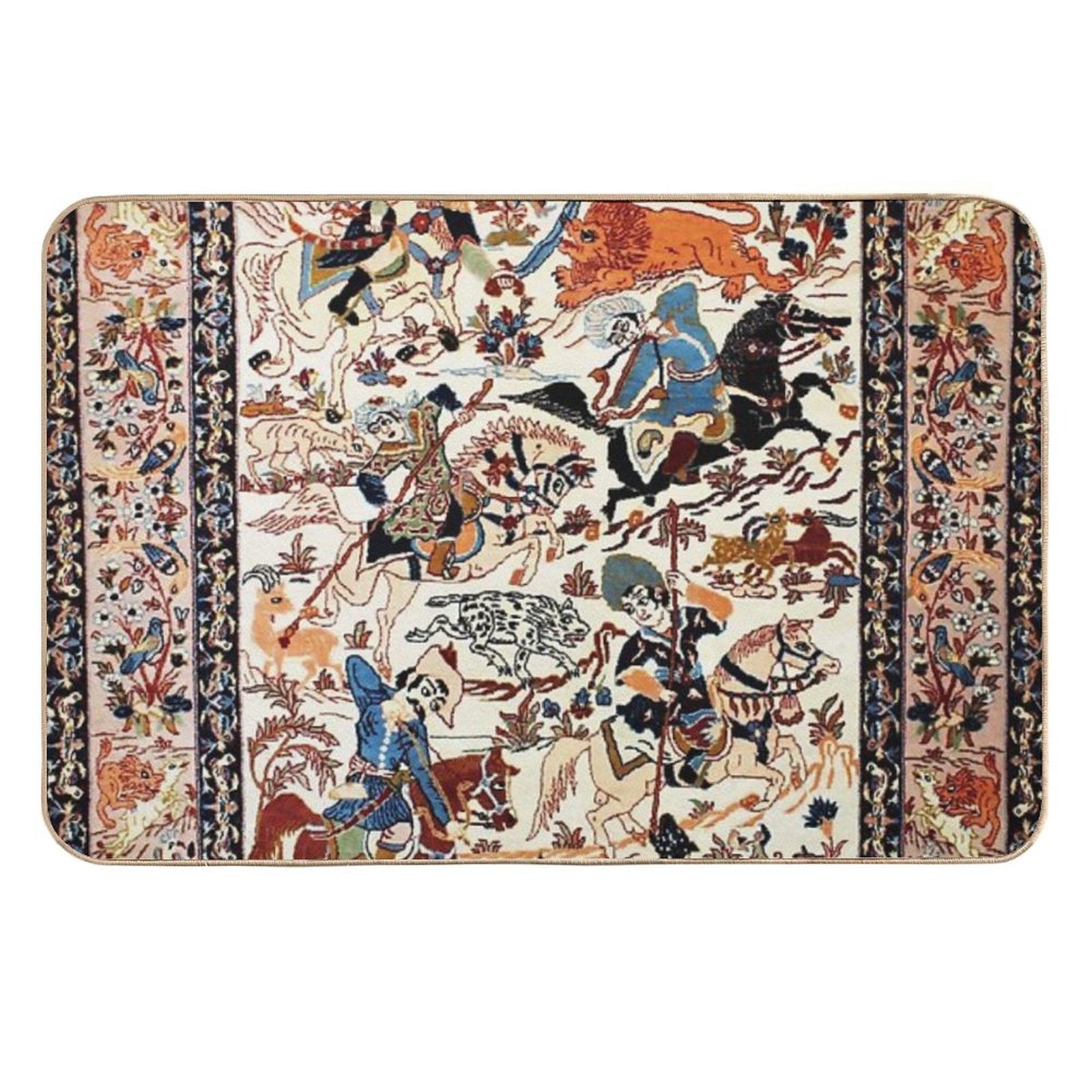 Blue Antique Persian Isfahan Silk Rug with Flowers Animals Print  Odorless Bath Mat