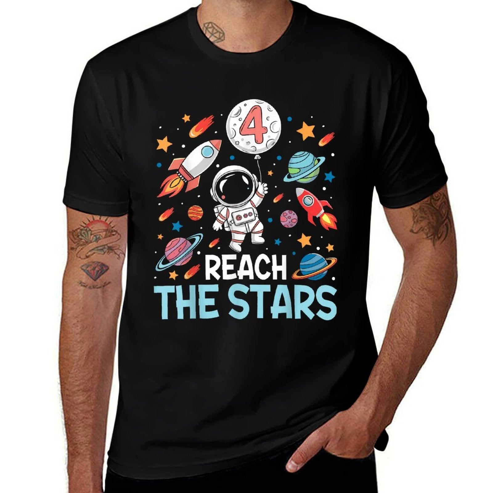 Reach Four The Stars 4 Years Old Birthday Boy Astronaut 4th  Quick-drying T-Shirt