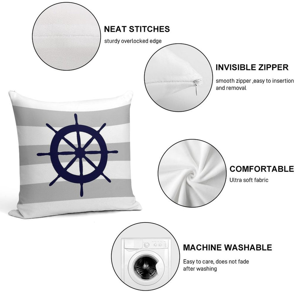 Nautical Navy Blue Ship's Steering Wheel On Silver Gray Stripes Soft Short Plush Fabric Throw Pillow