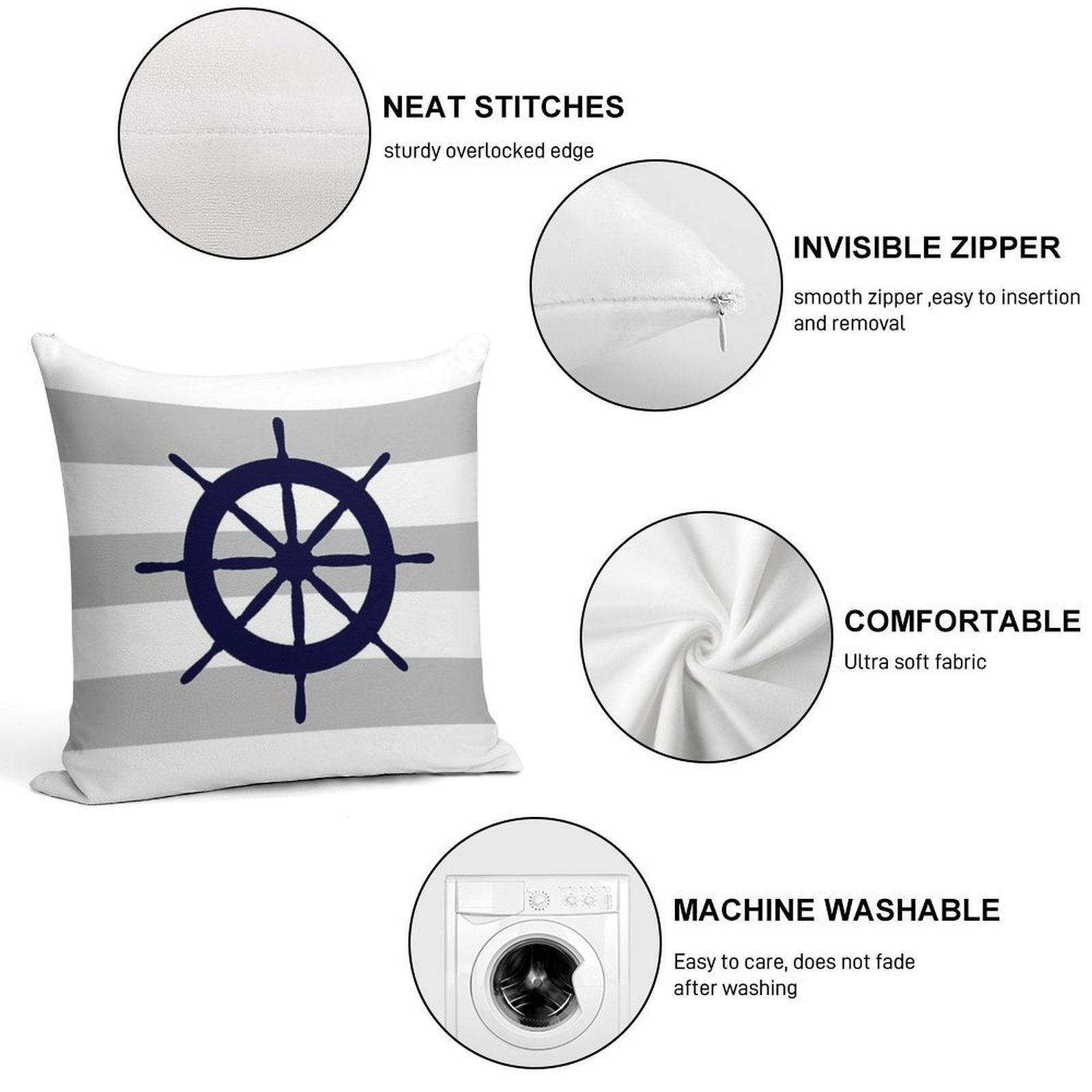 Nautical Navy Blue Ship's Steering Wheel On Silver Gray Stripes Soft Short Plush Fabric Throw Pillow
