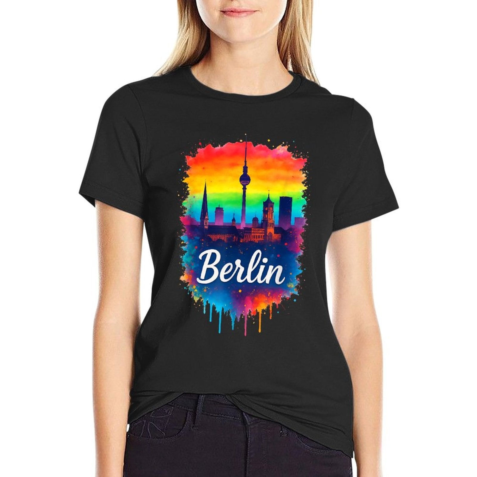 Berlin Germany City TV Tower Skyline Watercolour Rainbow  Summer-ready Fabric T-Shirt