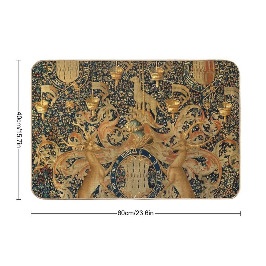 Gold Navy Blue Antique Heraldic Tapestry with Harts,Armorial Bearings Badges of John  Fade-Resistant Bath Mat