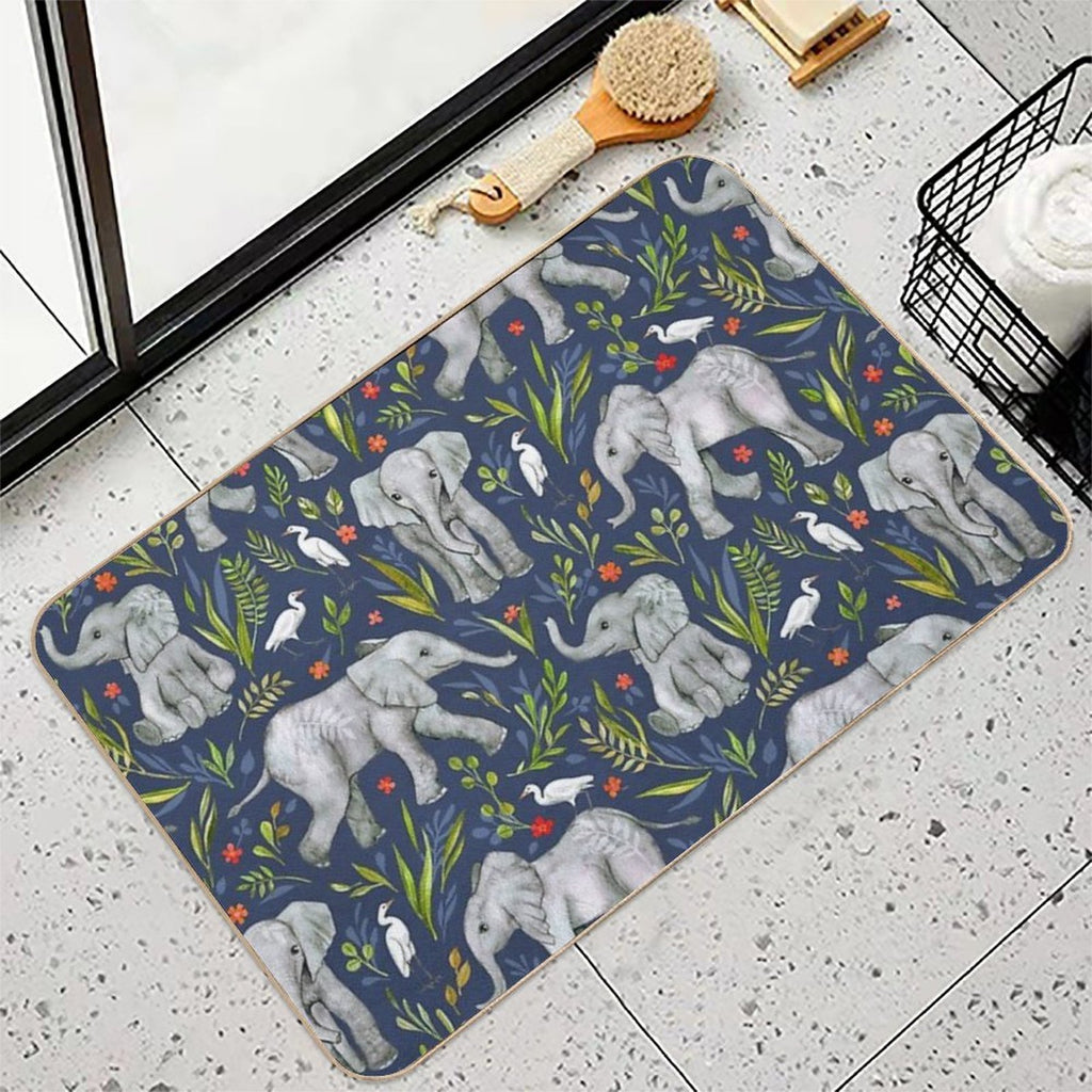Baby Elephants And Egrets in Watercolor - Navy Blue  Anti-Trip Bath Mat
