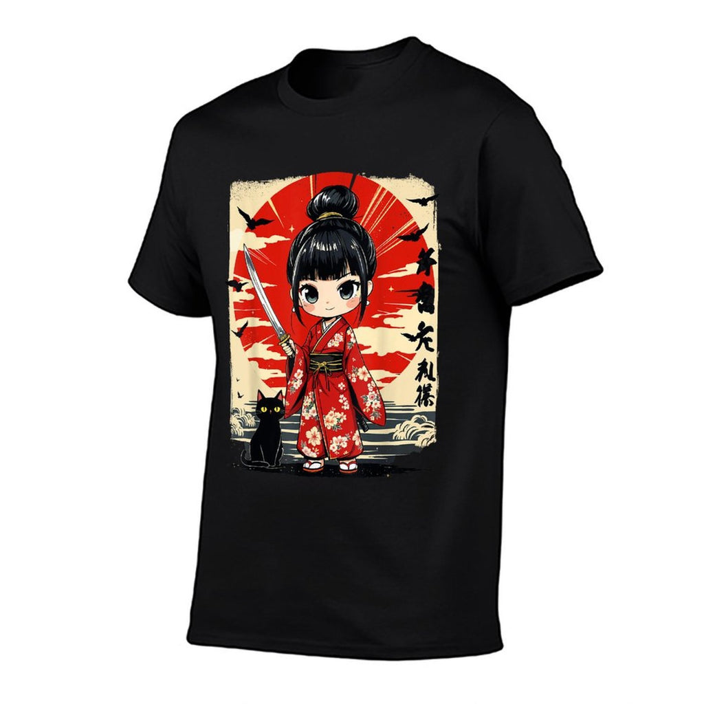 Cute Kawaii Samurai Girl And Cat Japanese Anime Kids Girls  Affordable Price T-Shirt