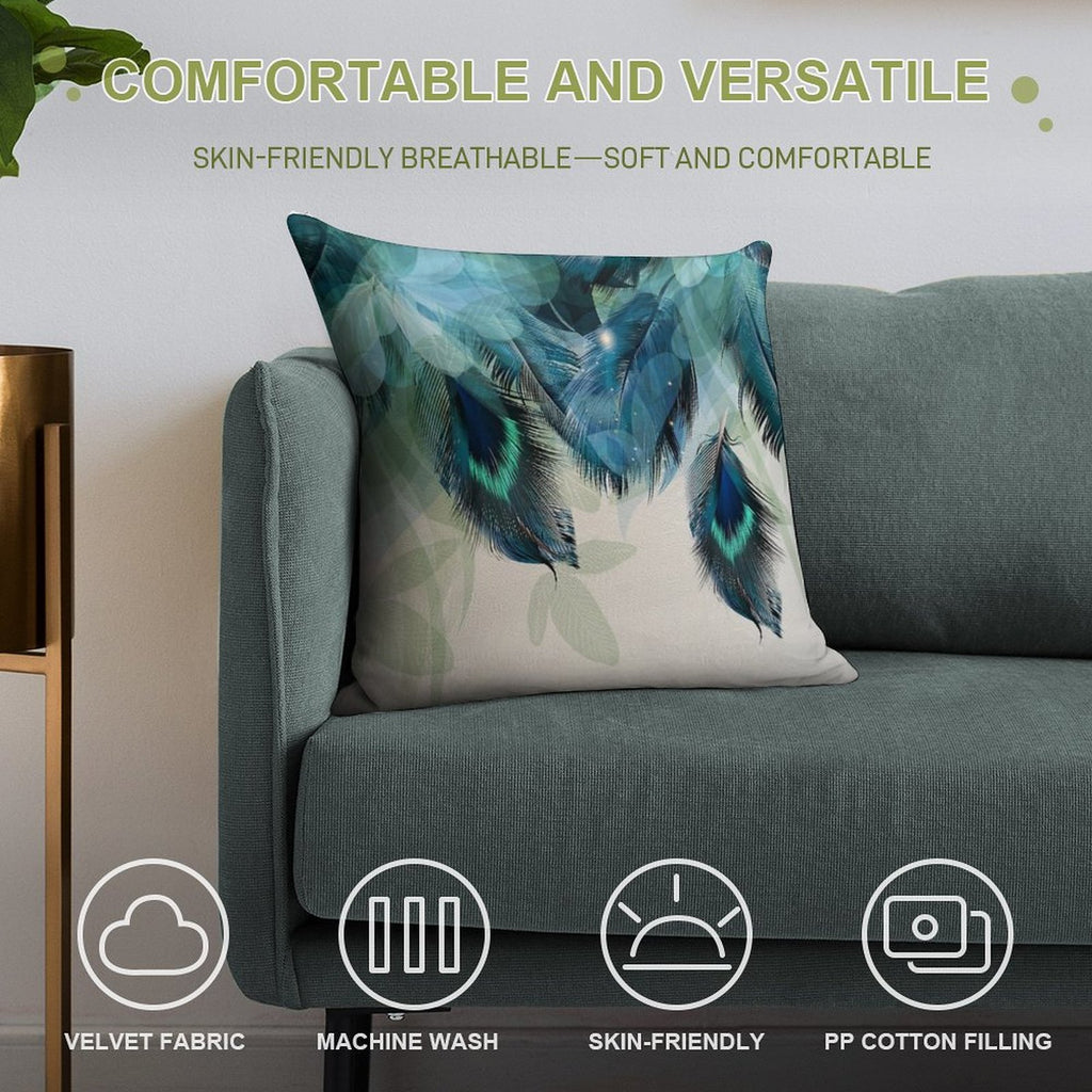 Peacock Feathers Turquoise Soft Shrink-Resistant Throw Pillow