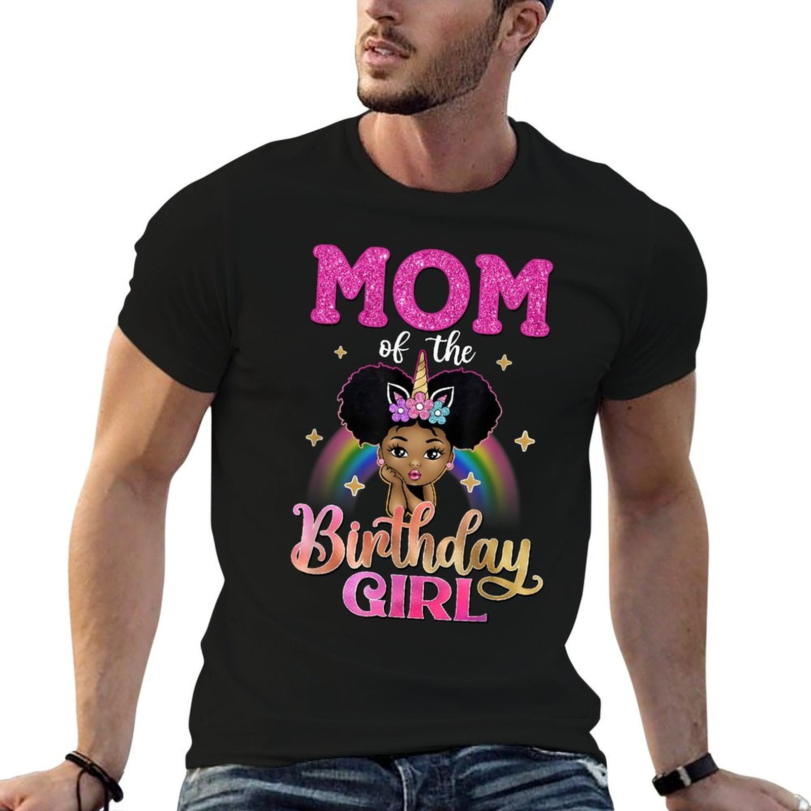 Mom of The Birthday Girl Princess Afro Melanin Unicorn  Moisture-wicking T-Shirt