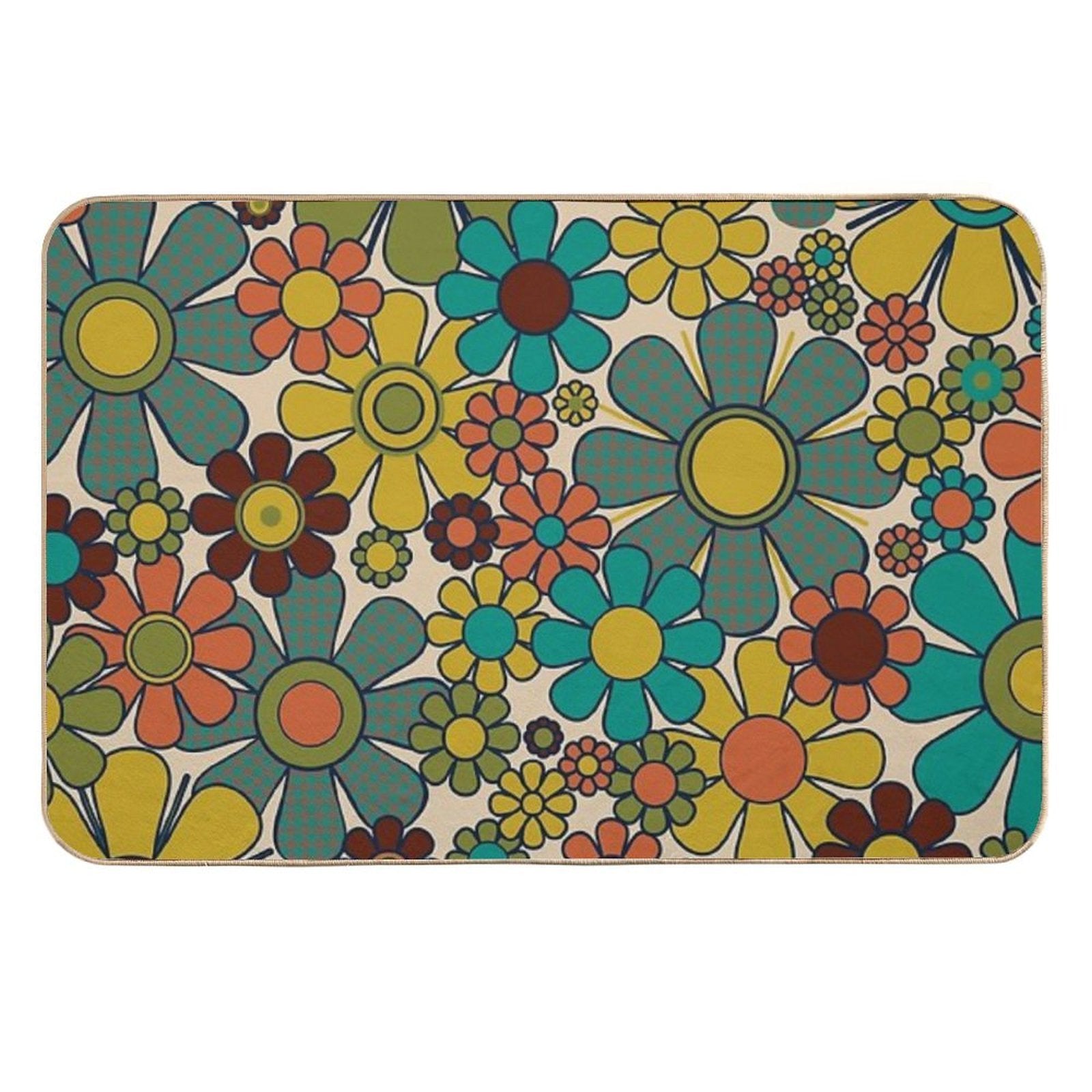 Retro Garden Gingham Flowers 70s Floral Pattern 2 in Mid Century Modern Olive Mustard Teal Orange  High-Traffic Bath Mat