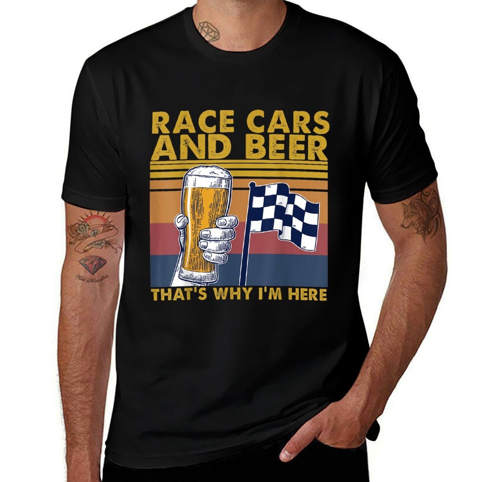 Vintage Race Cars Checkered Beer That's Why I'm Here  Rolled Sleeves T-Shirt