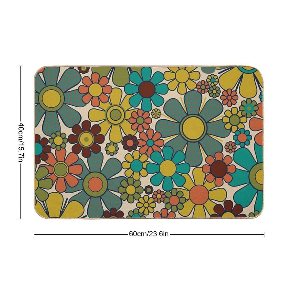 Retro Garden Gingham Flowers 70s Floral Pattern 2 in Mid Century Modern Olive Mustard Teal Orange  High-Traffic Bath Mat