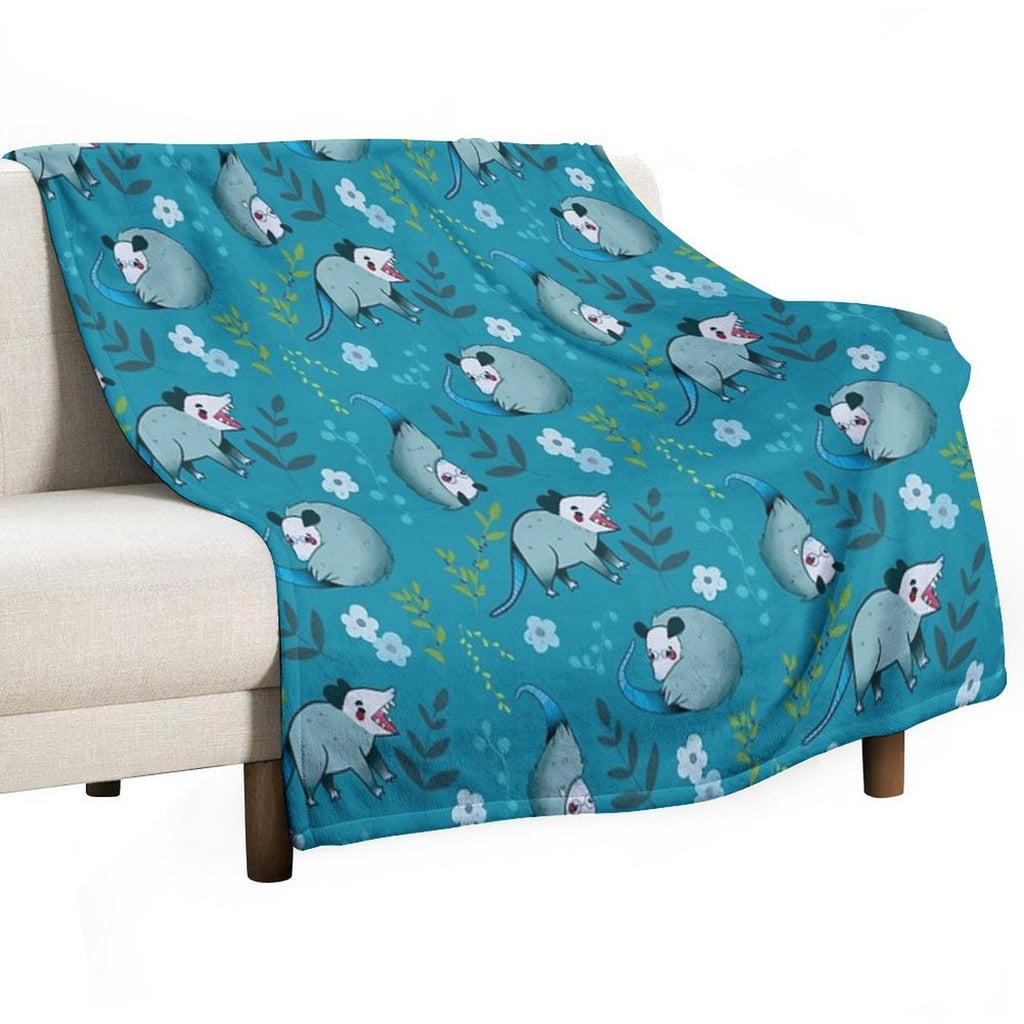 Possum - Cute Blue And Green Cartoon Animal Pattern Versatility Throw Blanket