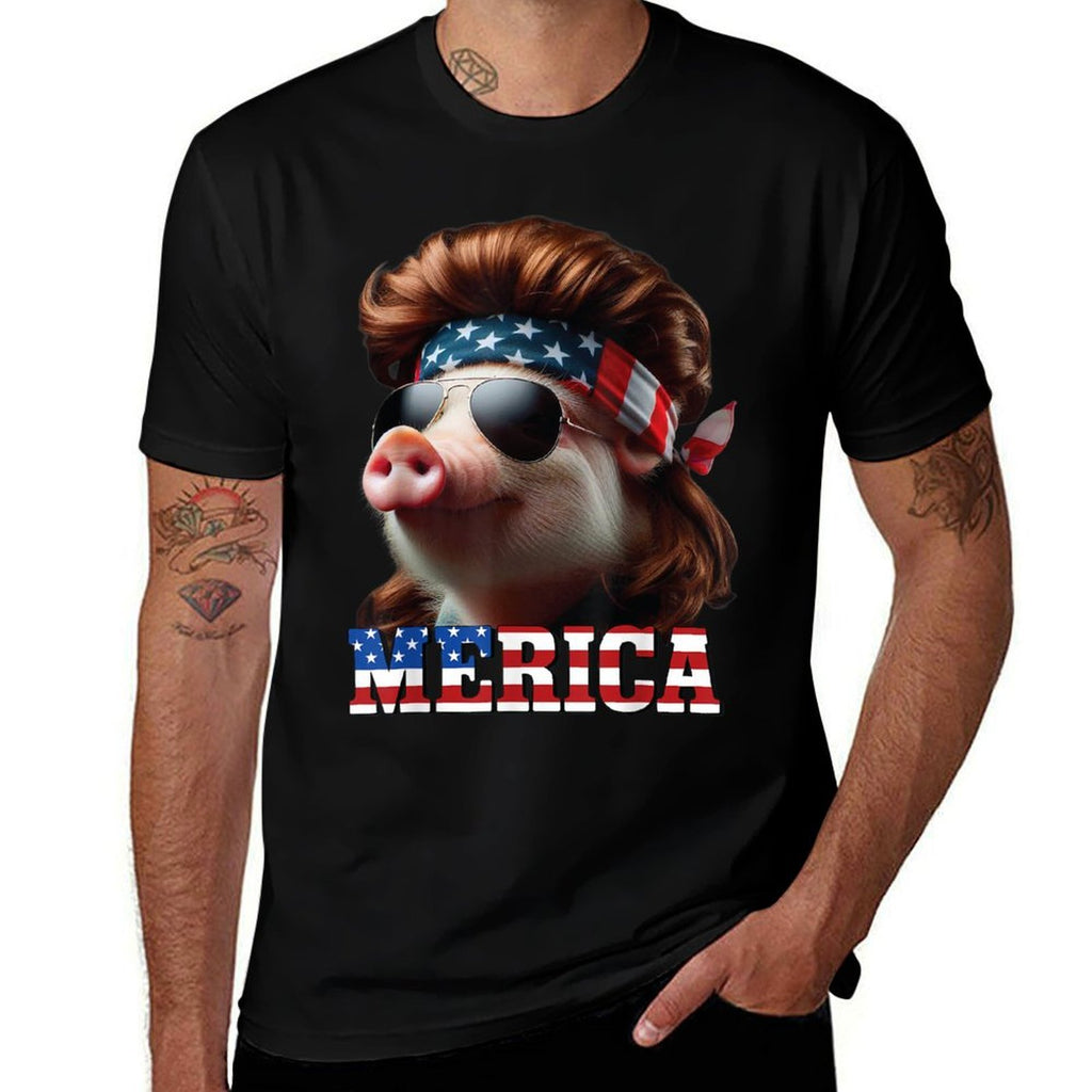Pig Merica Mullet 4th of July And Fathers Day Man Funny  Fade-proof Color T-Shirt