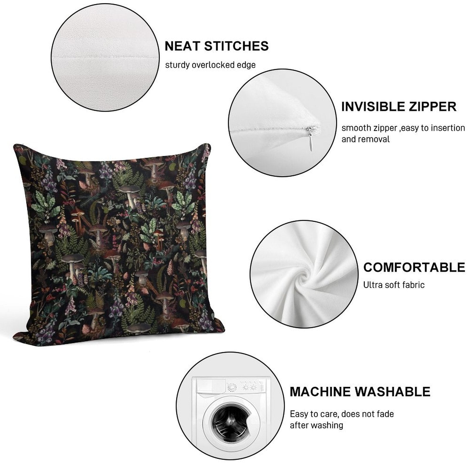 Vintage Mysterious Mushrooms Forest Botanical Botanical Night Garden Pattern NightGarden Soft Gift Ready Throw Pillow