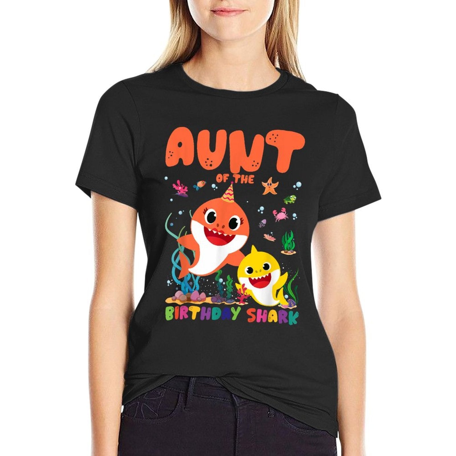 Funny Birthday Boy Girl Aunt Of The Birthday Family Shark  Summer-ready Fabric T-Shirt