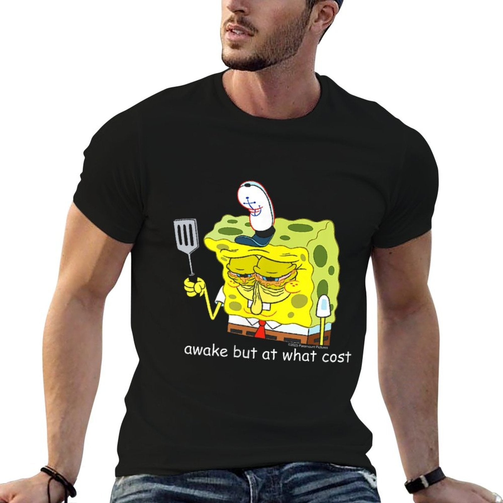 SpongeBob SquarePants Awake But At What Cost Meme Cartoon  Heathered Texture T-Shirt