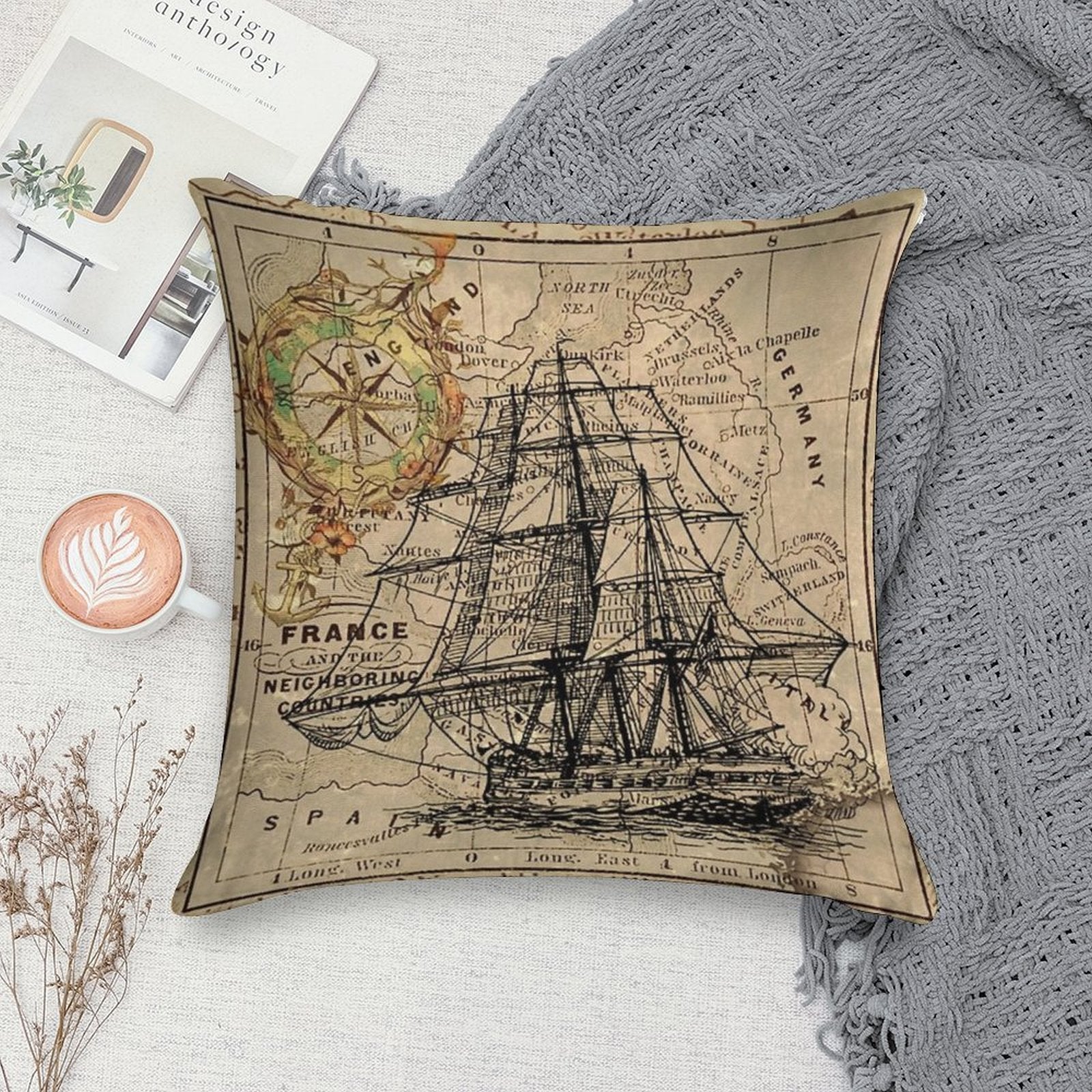Dark Academia Vintage Pirate Ship Sailor Antique World Map Soft Reinforced Edging Throw Pillow