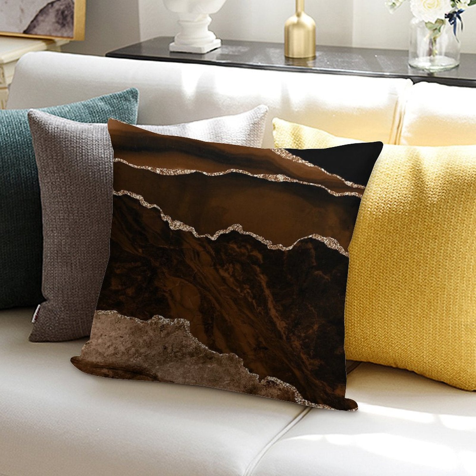 Abstract Brown & Gold Modern Geode Agate Design Soft Shrink-Resistant Throw Pillow