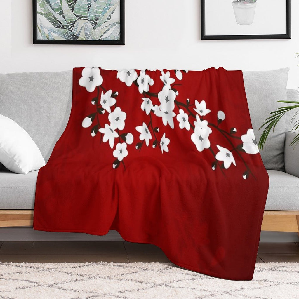 Cherry Blossom Red White Asia Floral Travel-friendly Throw Blanket
