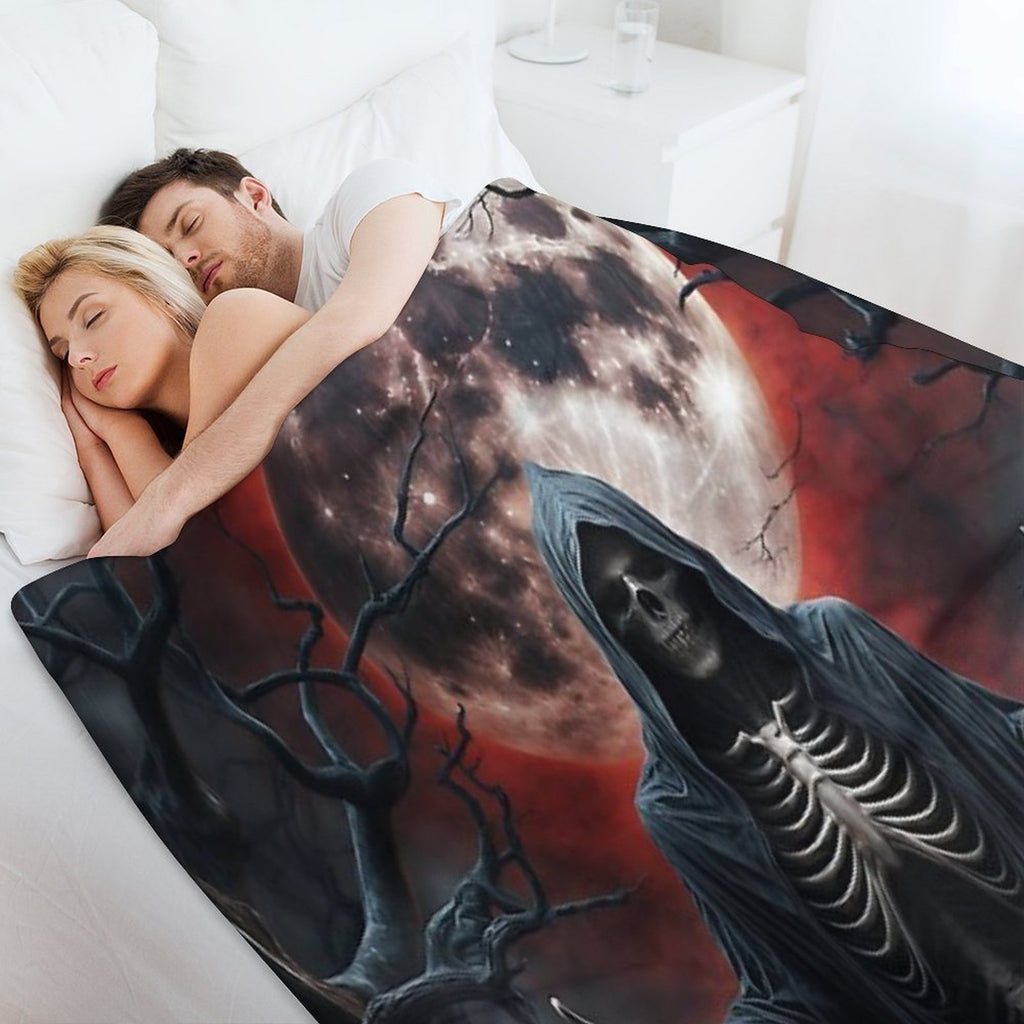 Grim Reaper Under Blood Moon in Haunted Graveyard Shrink-resistant Throw Blanket