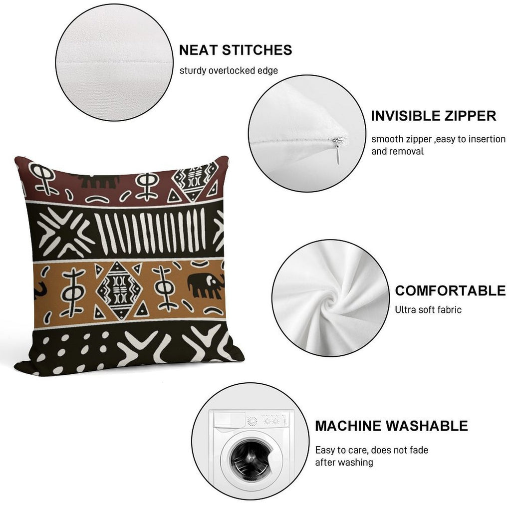 African Mud Cloth with Elephants Soft Durable Construction Throw Pillow