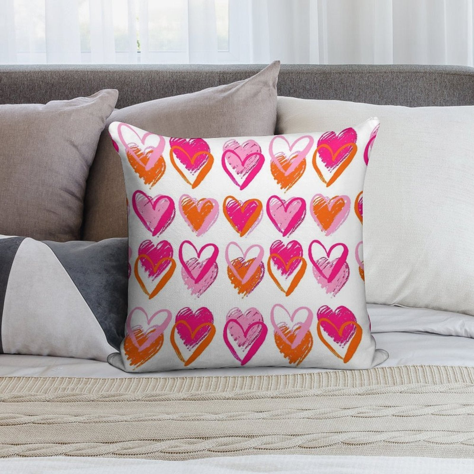 Pink And Orange Hearts Soft Fade-Resistant Throw Pillow