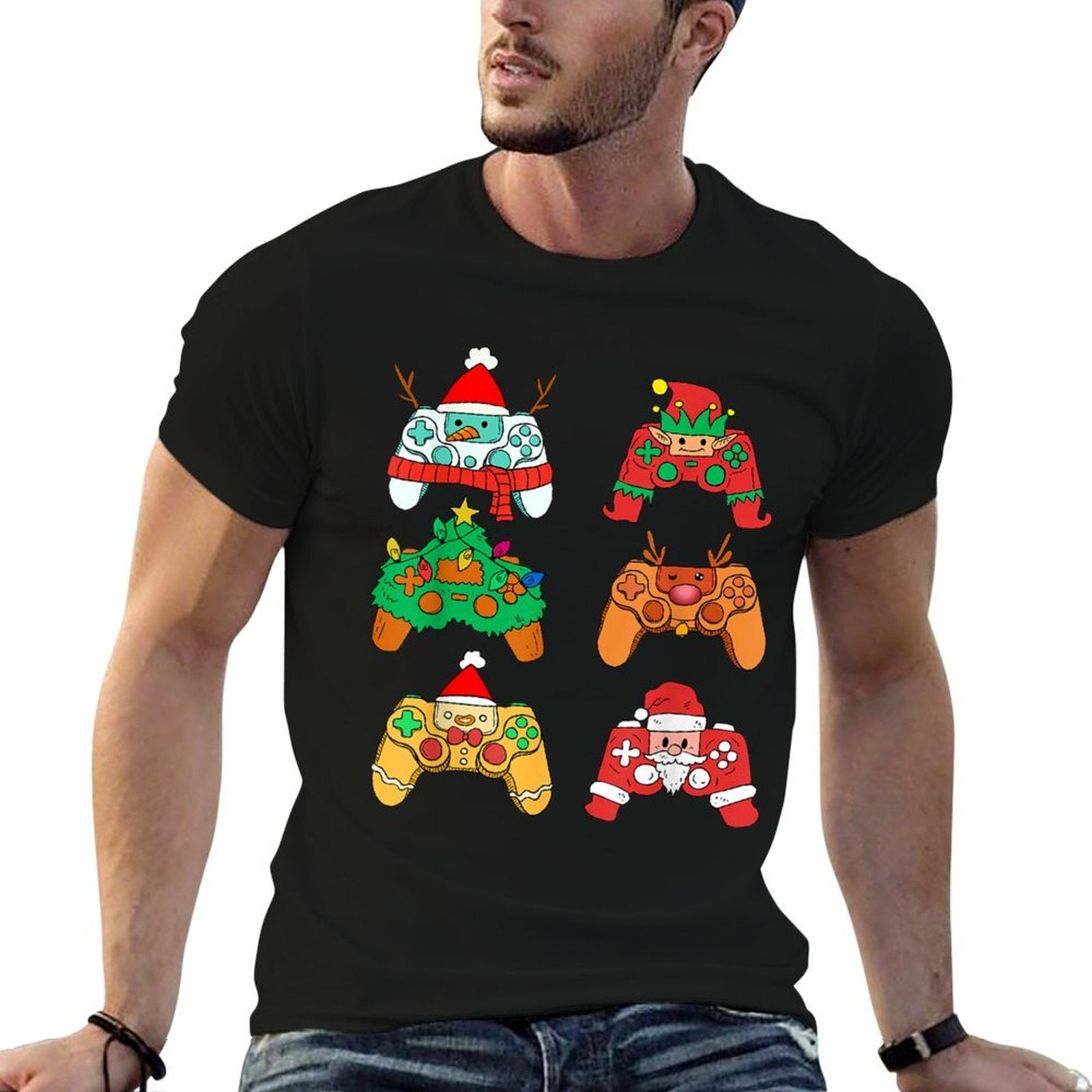 Christmas Santa Elf Gaming Controllers Gamer Xmas Boys Kids  Summer-ready Fabric T-Shirt