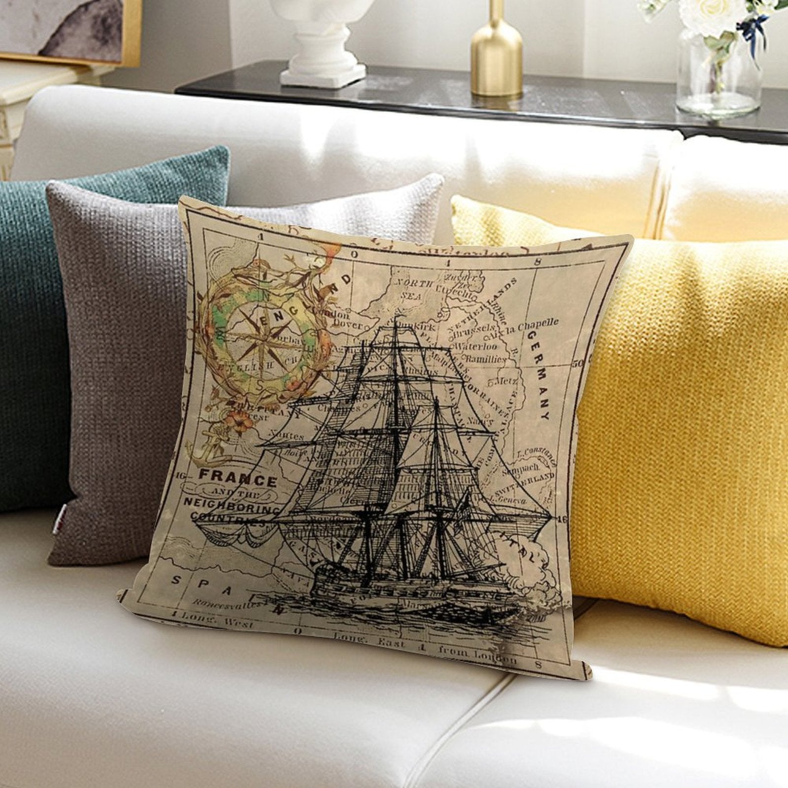 Dark Academia Vintage Pirate Ship Sailor Antique World Map Soft Reinforced Edging Throw Pillow