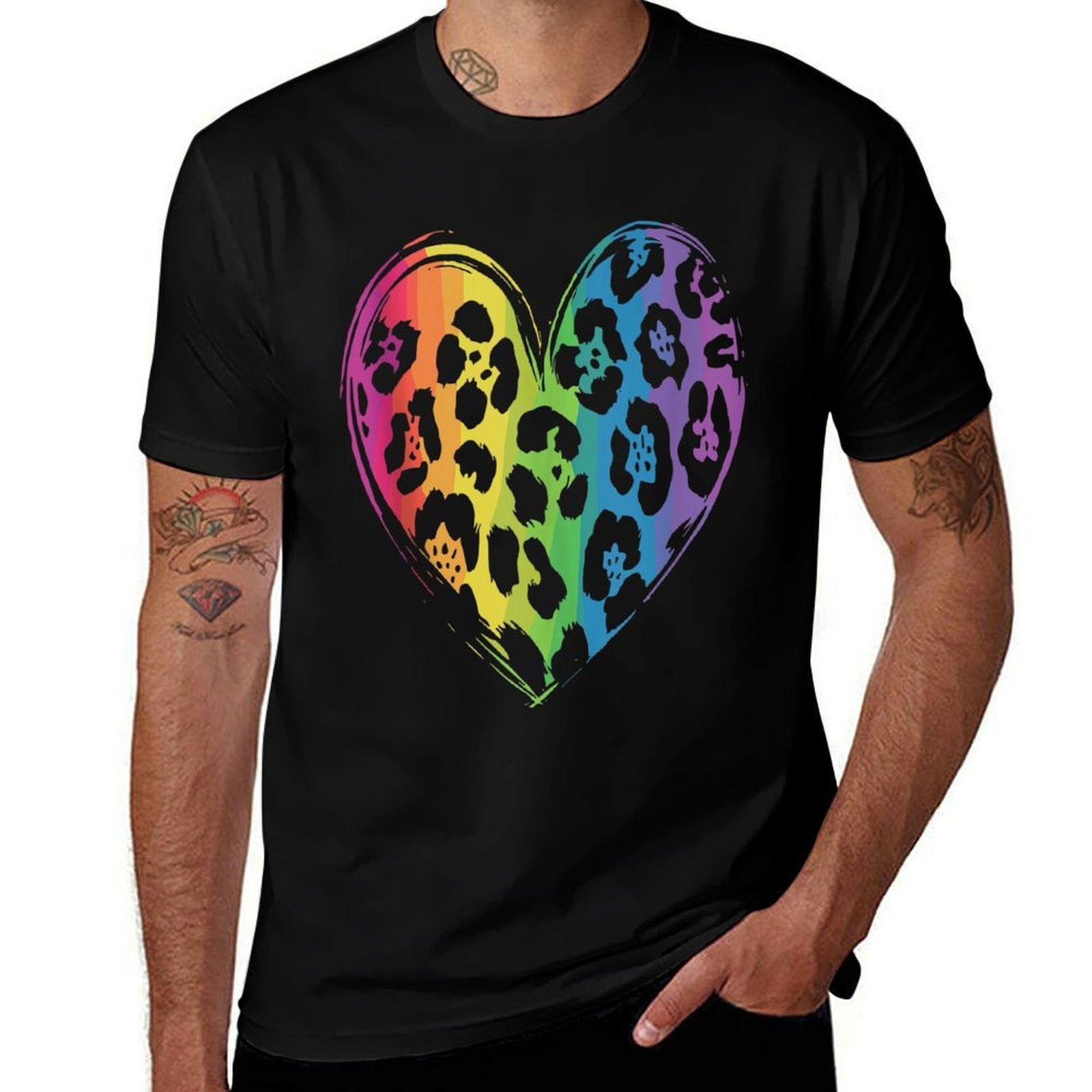 Cool Cheetah Leopard Print Heart Rainbow  Graphic-printed T-Shirt
