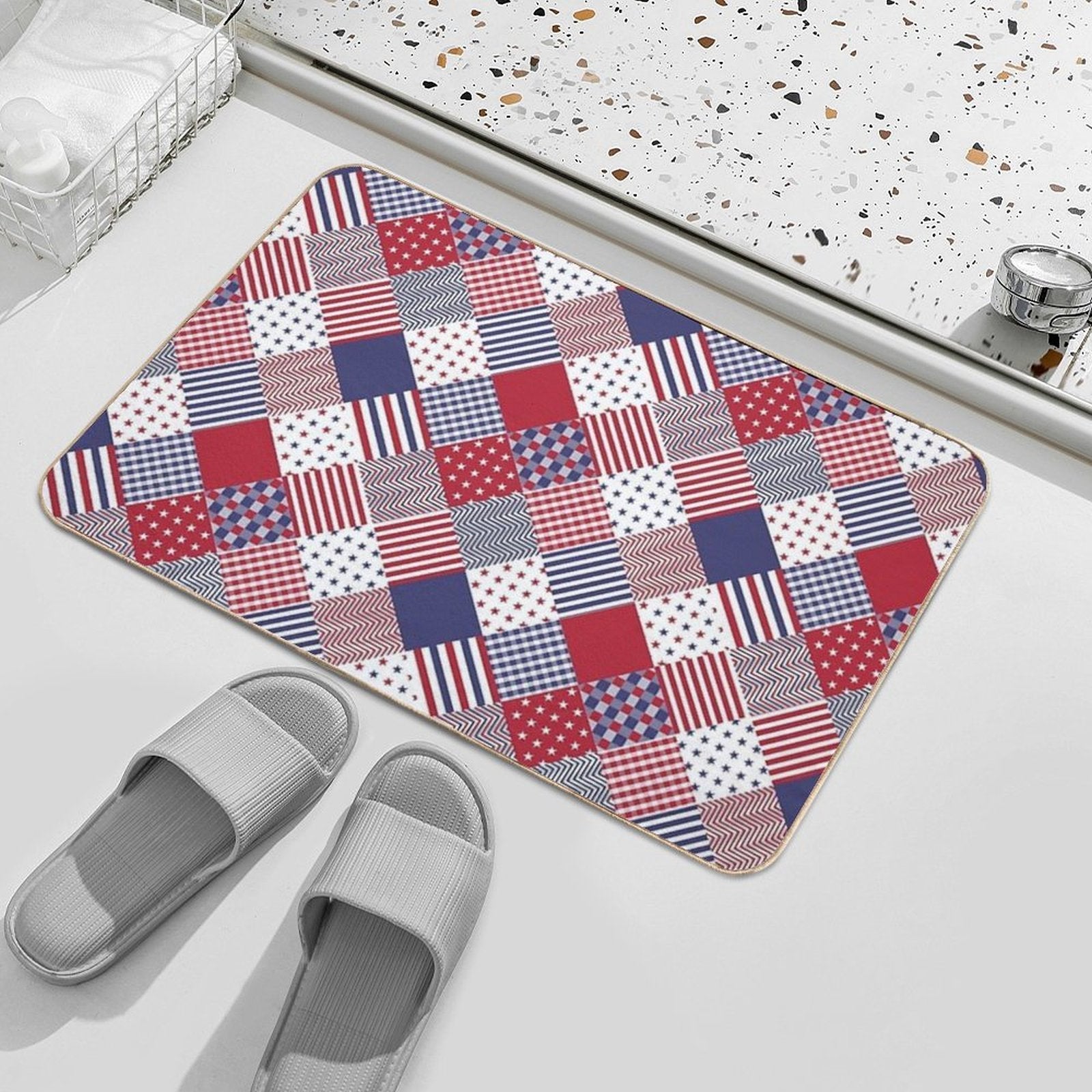 USA Americana Diagonal Red White & Blue Quilt  Stain-Proof Bath Mat