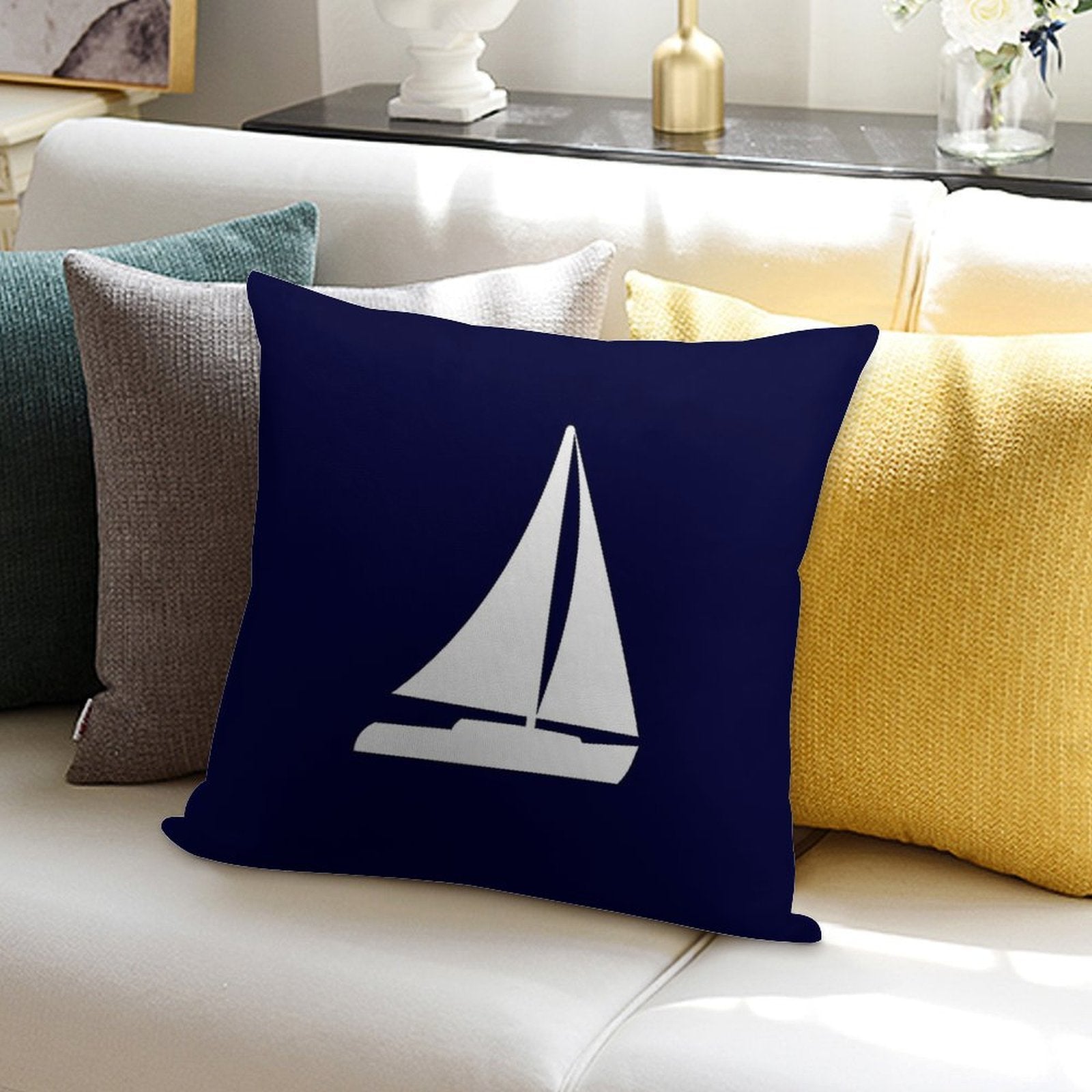 Sailboat Silhouette On Navy Blue Soft Home Decor Throw Pillow