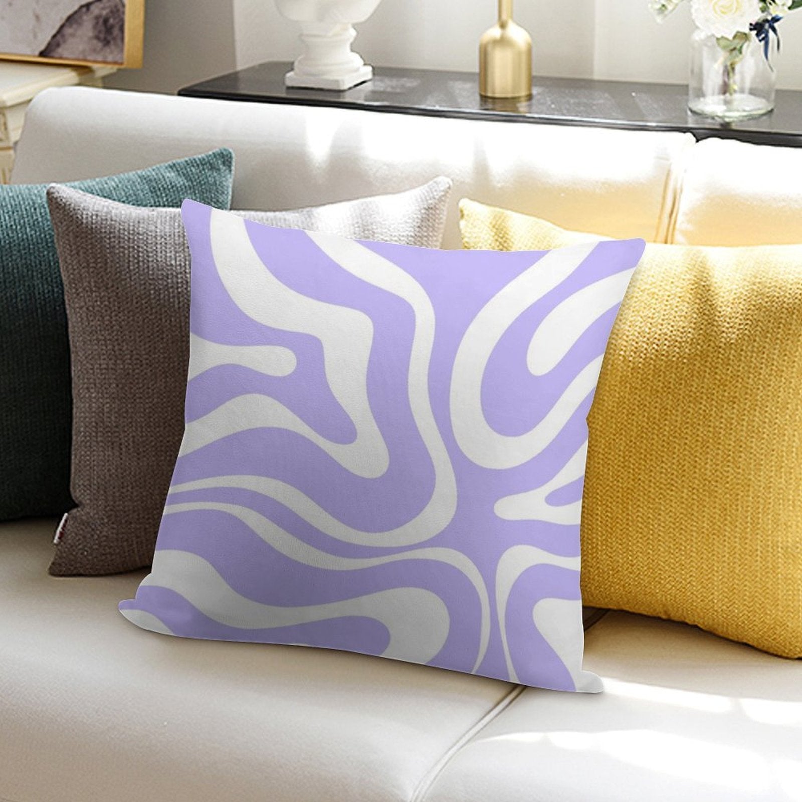 Retro Modern Liquid Swirl Abstract Pattern Square in Light Purple And White Soft Fade-Resistant Throw Pillow