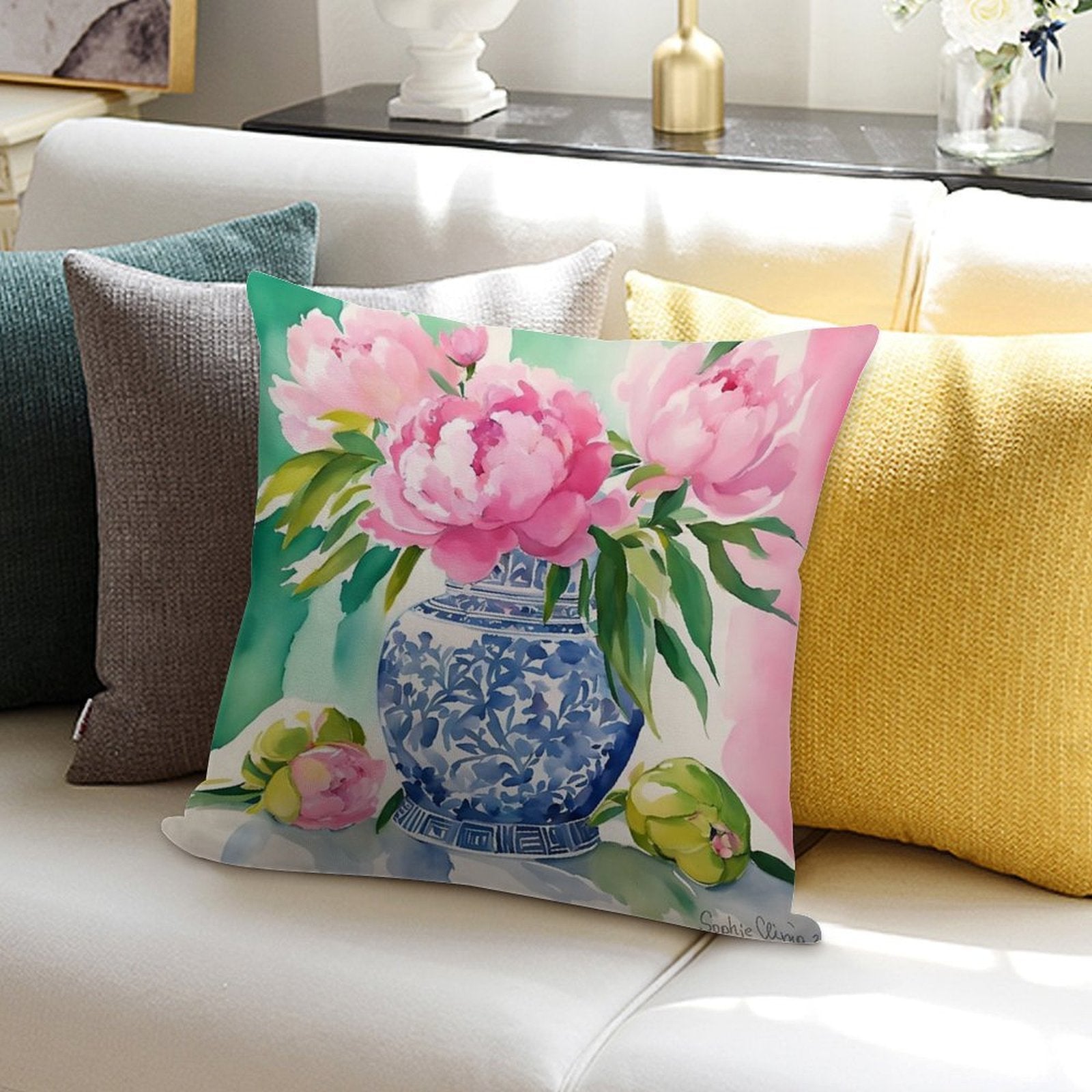 Pink Peonies in Ginger Jar Soft Gift Ready Throw Pillow