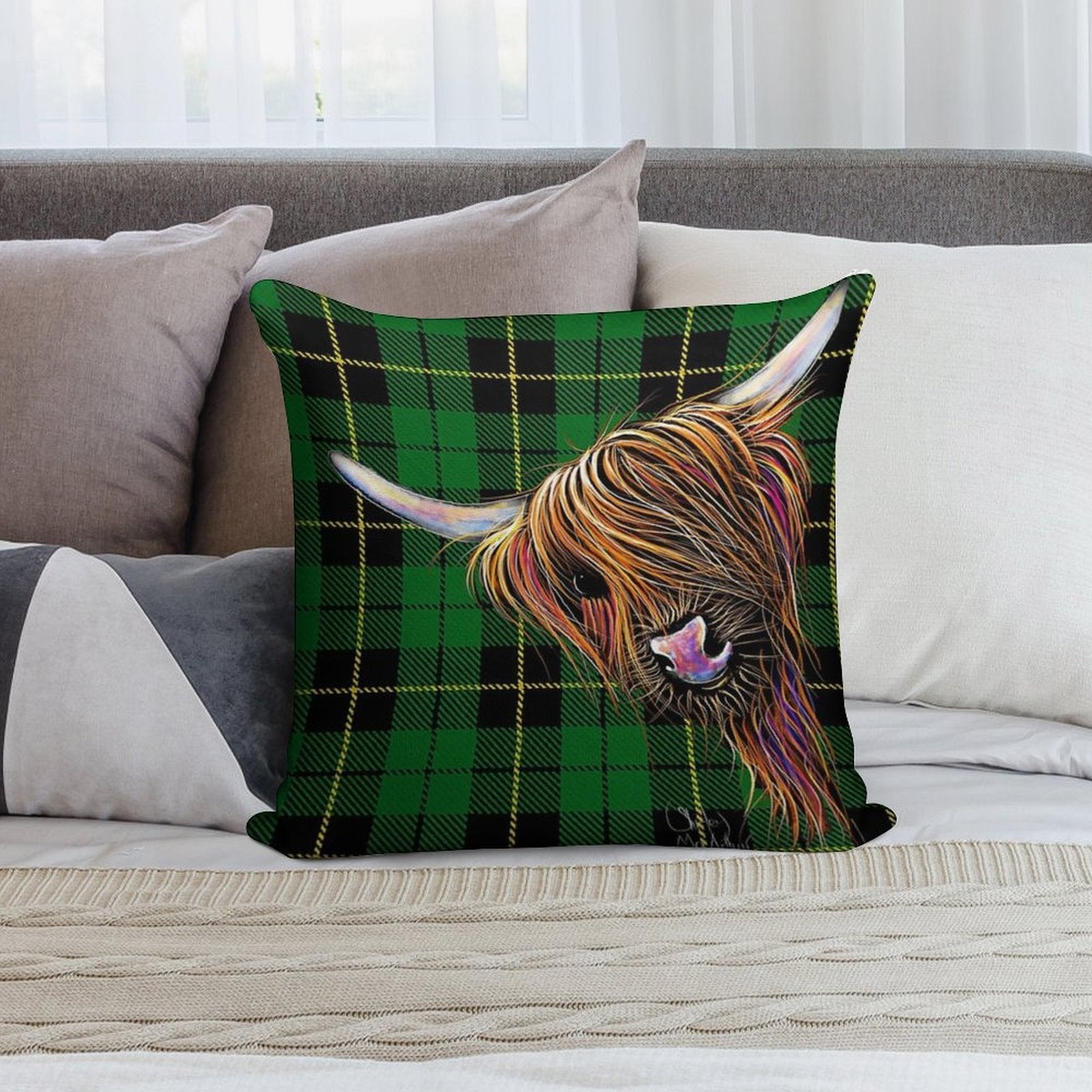 SCoTTiSH HiGHLaND CoW ' TaRTaN NooDLeS G ' by SHiRLeY MacARTHuR Soft Home Decor Throw Pillow