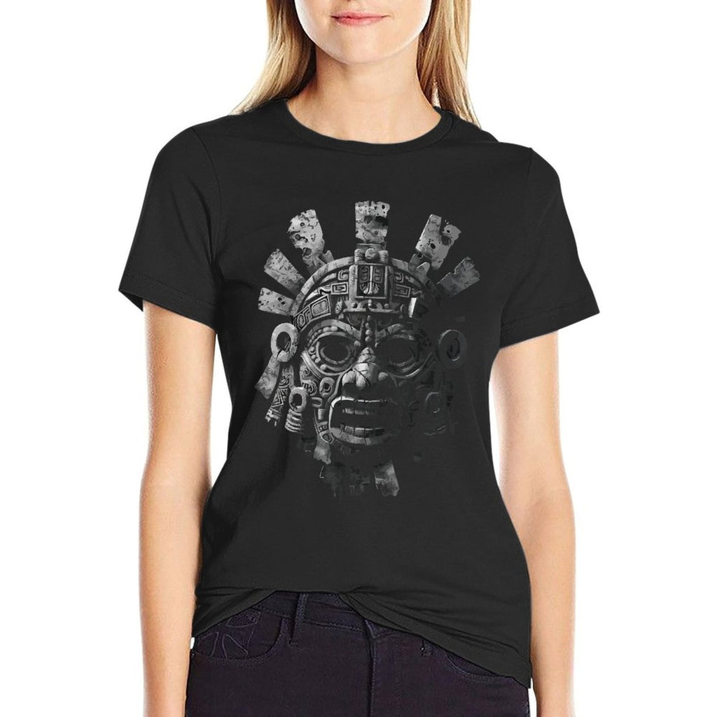Aztec God Aztec Culture Mayan Indigenous Tlaloc Statue  Ribbed Collar T-Shirt