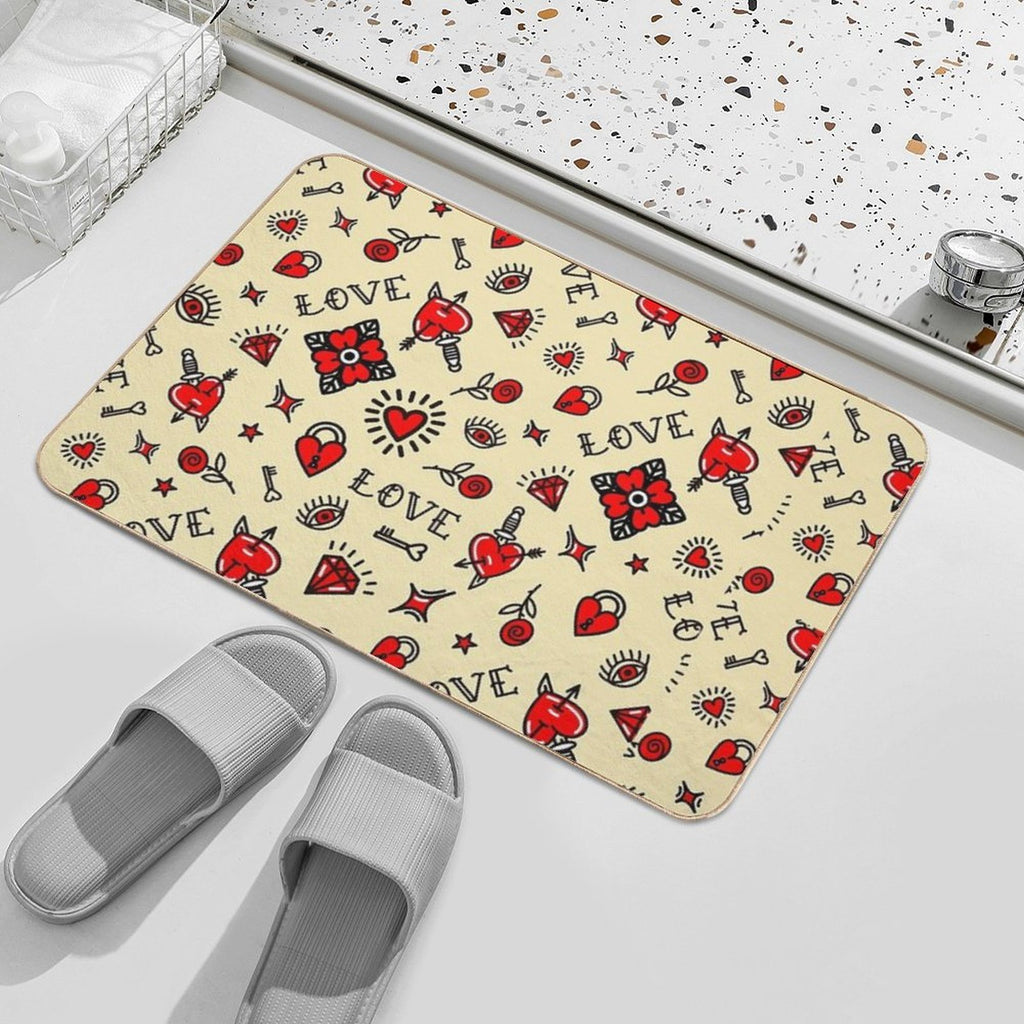Old School Pattern, Tattoo, American Traditional, Flash, Vintage, Sailor, Ink, Rose,  Easy Maintenance Bath Mat