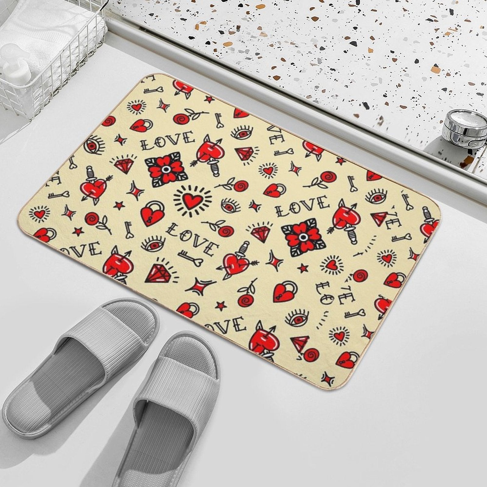 Old School Pattern, Tattoo, American Traditional, Flash, Vintage, Sailor, Ink, Rose,  Easy Maintenance Bath Mat