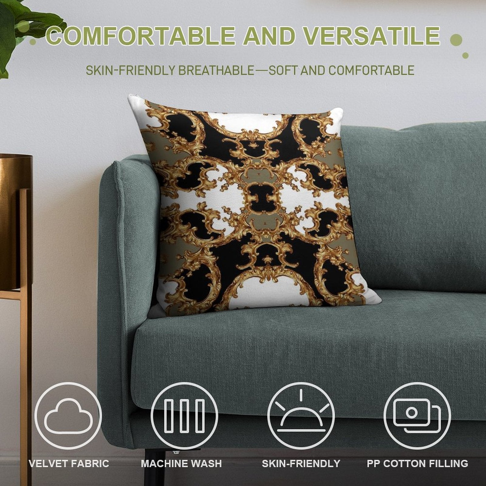 Golden Ornamental Baroque Symmetrical Soft Multiple Sizes Throw Pillow