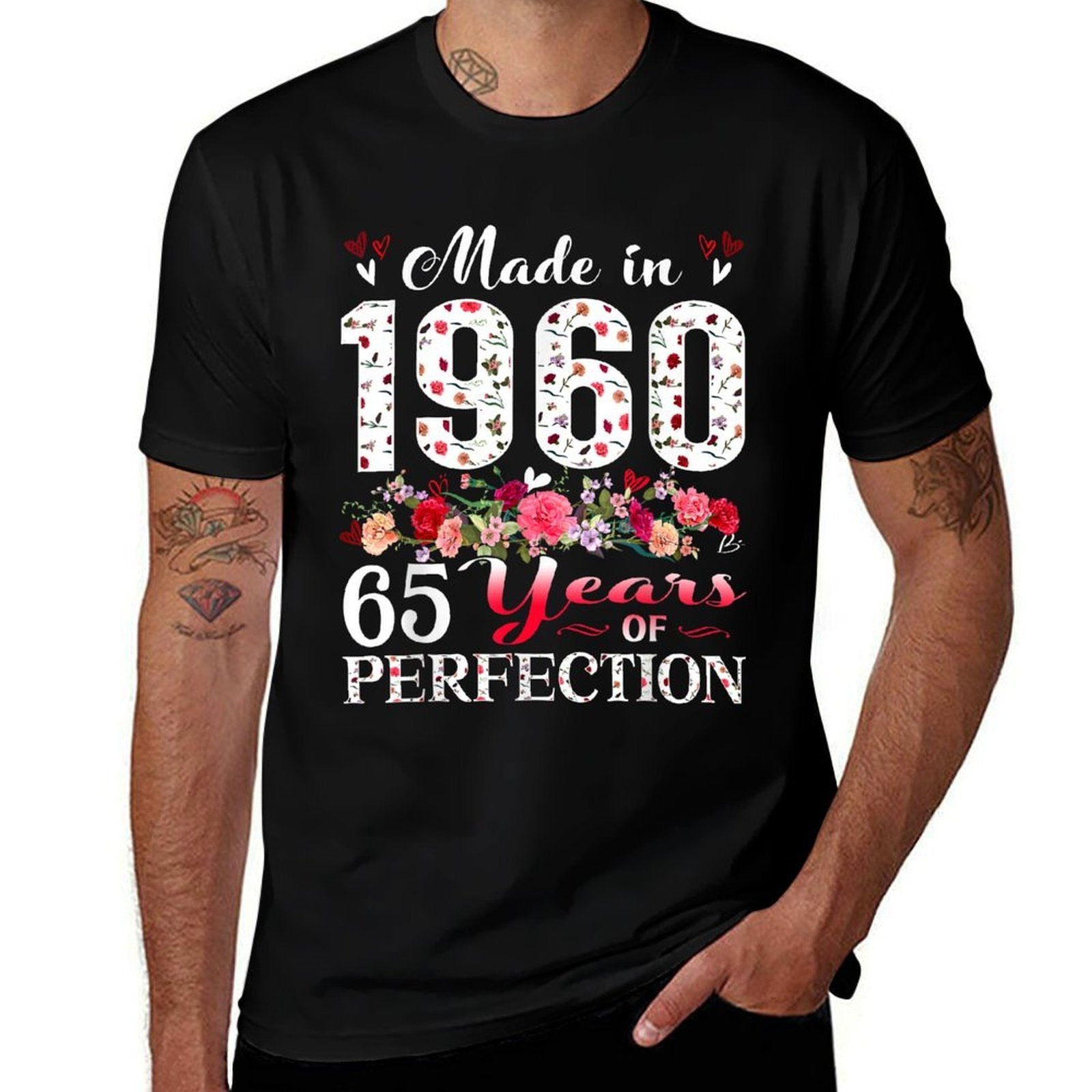 65 Year Old Floral Made In 1960 65th Birthday Women Apparel  Rolled Sleeves T-Shirt
