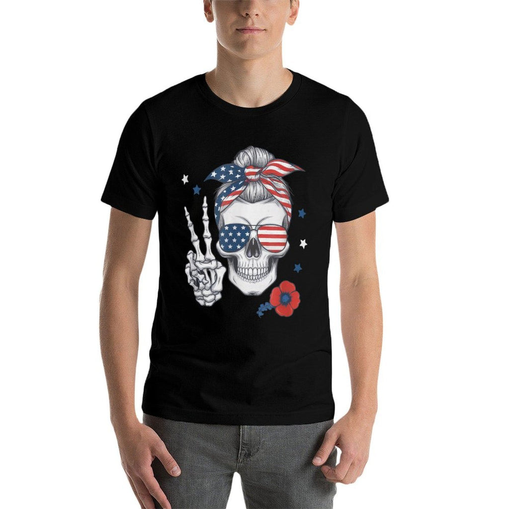Memorial Day Skeleton Messy Bun Patriotic Comfortable T-Shirt