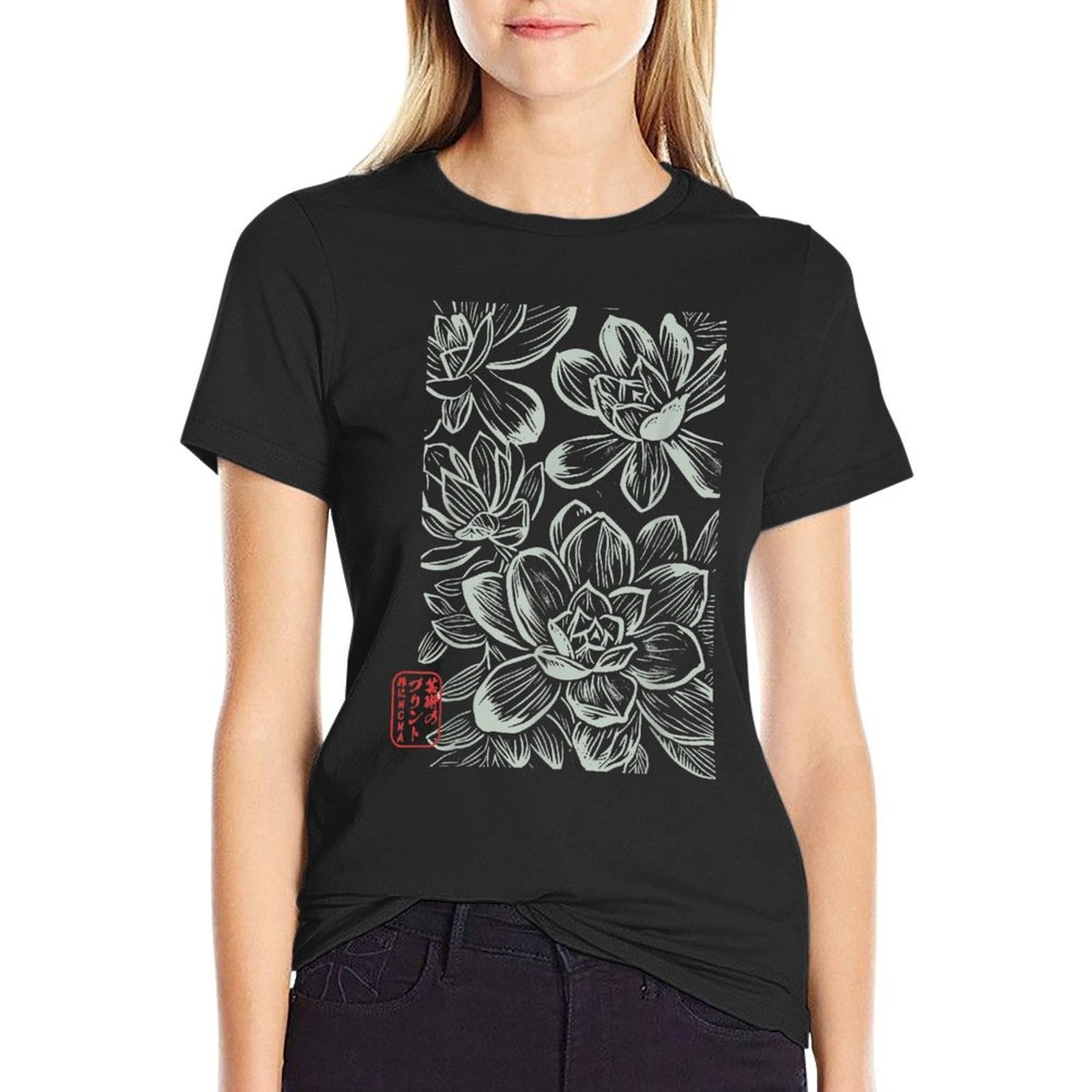Japanese Boho Flowers – Sumi-e Style Floral Botanical Art  Rolled Sleeves T-Shirt