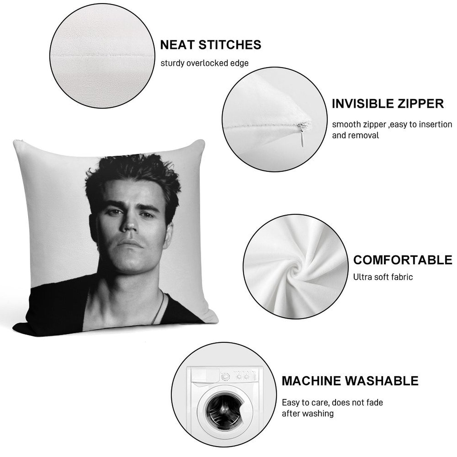 Paul Wesley Black And White Soft Skin-Friendly Throw Pillow