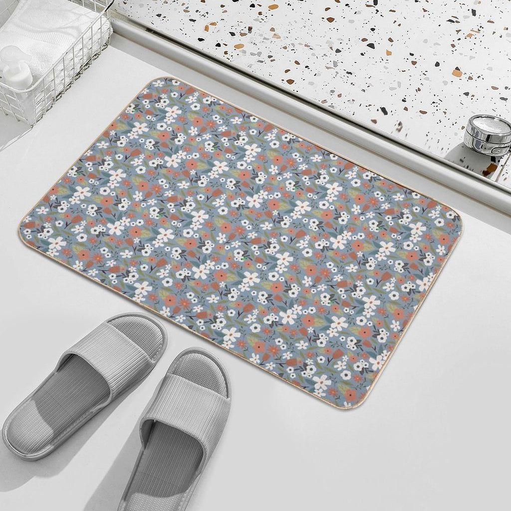White Flowers on Blue Background Vintage Seamless Pattern  Non-Slip Bath Mat