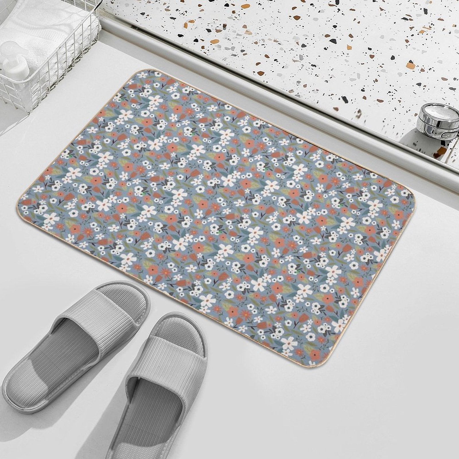 White Flowers on Blue Background Vintage Seamless Pattern  Non-Slip Bath Mat