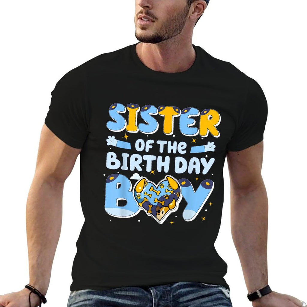 Sister Of The Birthday Boy Funny Blue Dog Family Matching  Ribbed Collar T-Shirt