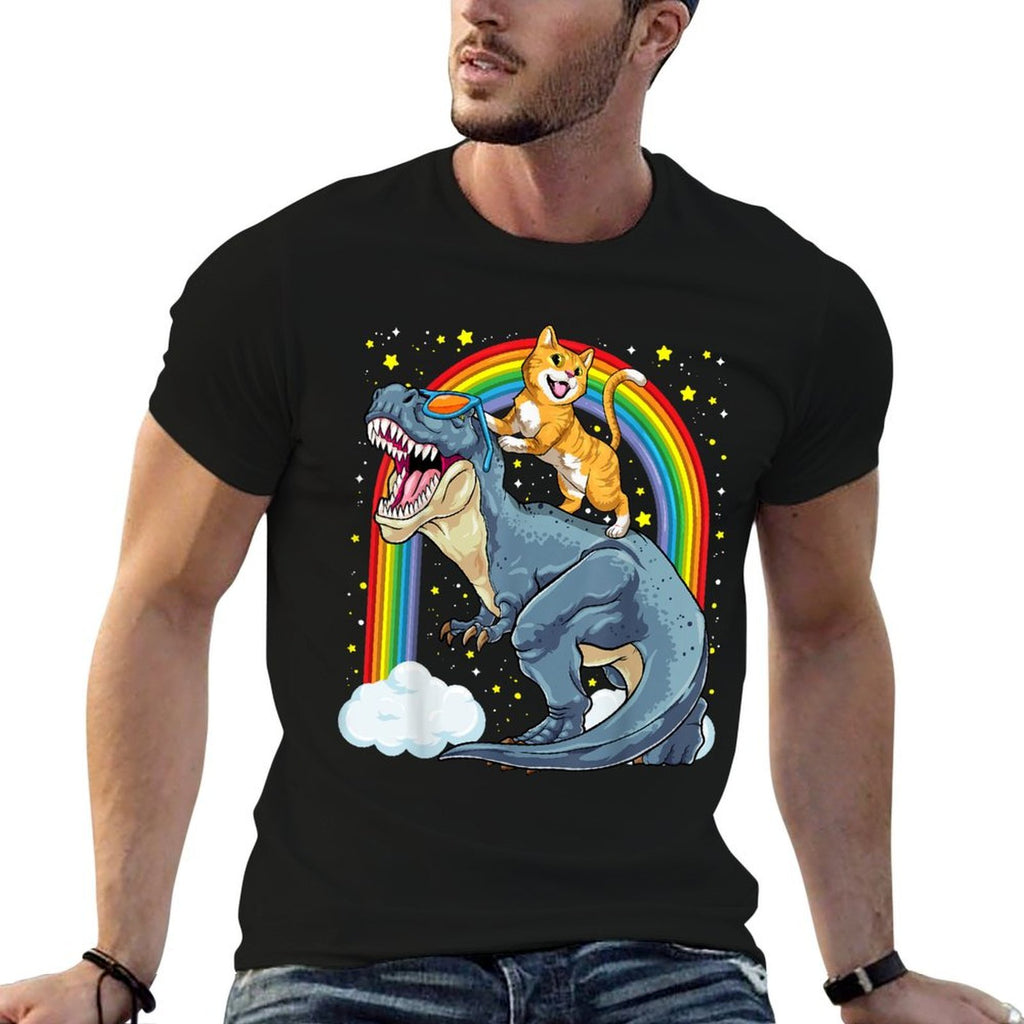 Cat Riding Dinosaur T-Rex Kitten Rainbow Dino Funny  Ribbed Collar T-Shirt