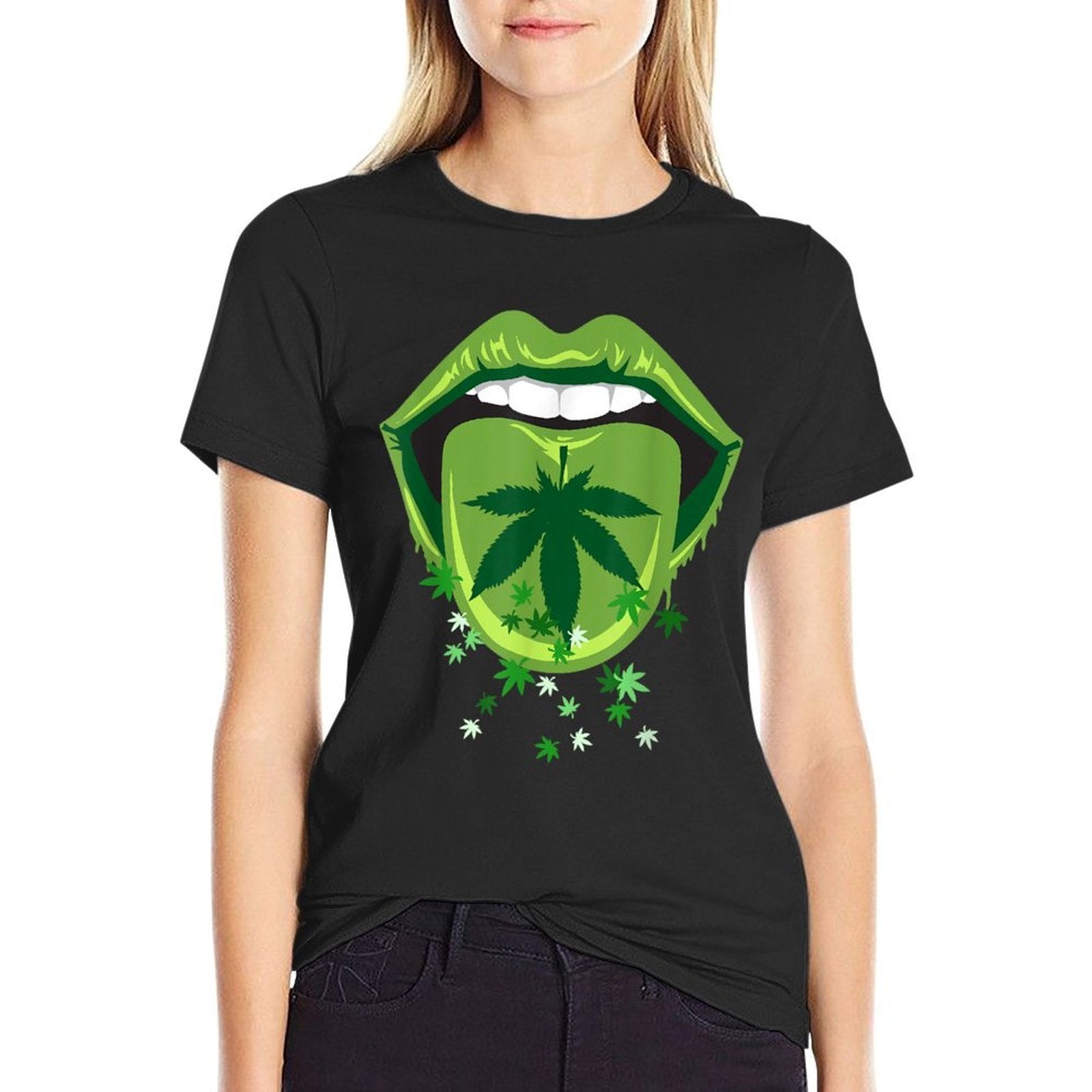 Marijuana Smoker Pot Leaf Tongue Green Lips Love Weed  Polyester Blend T-Shirt