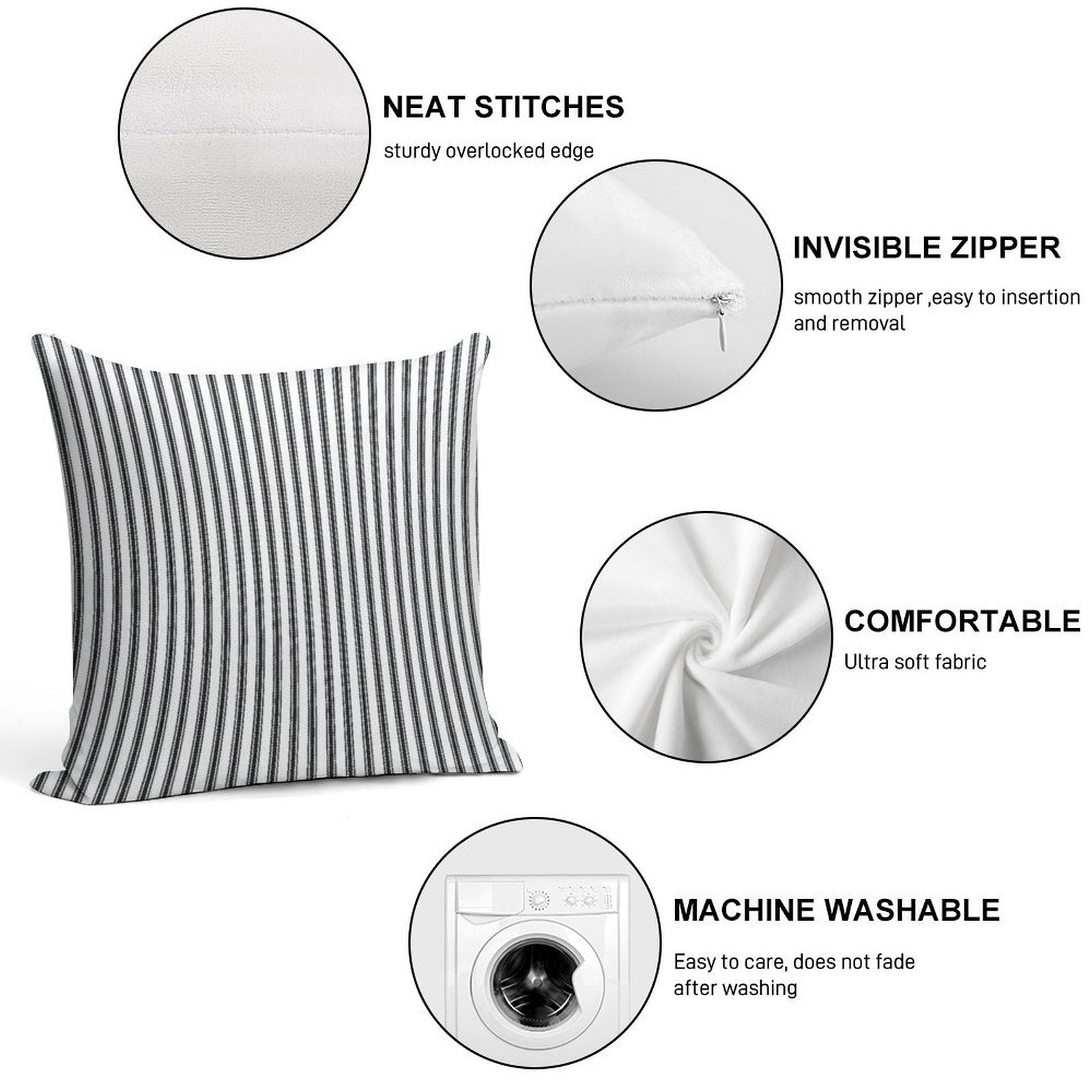 Old Fashioned Ticking Stripes Black And White Soft Shrink-Resistant Throw Pillow