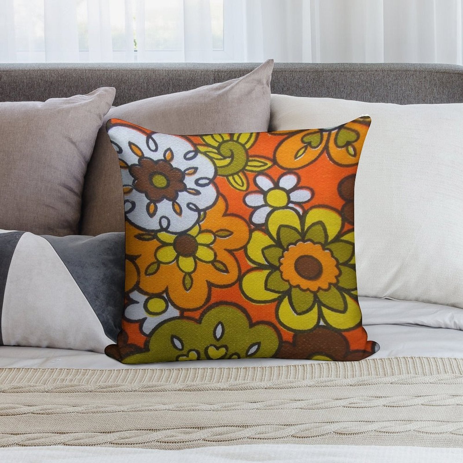 Retro Cool Mid Century Floral Fabric Design in Avocado Green, Harvest Gold, Brown, And Orange Soft Bedroom Essential Throw Pillow