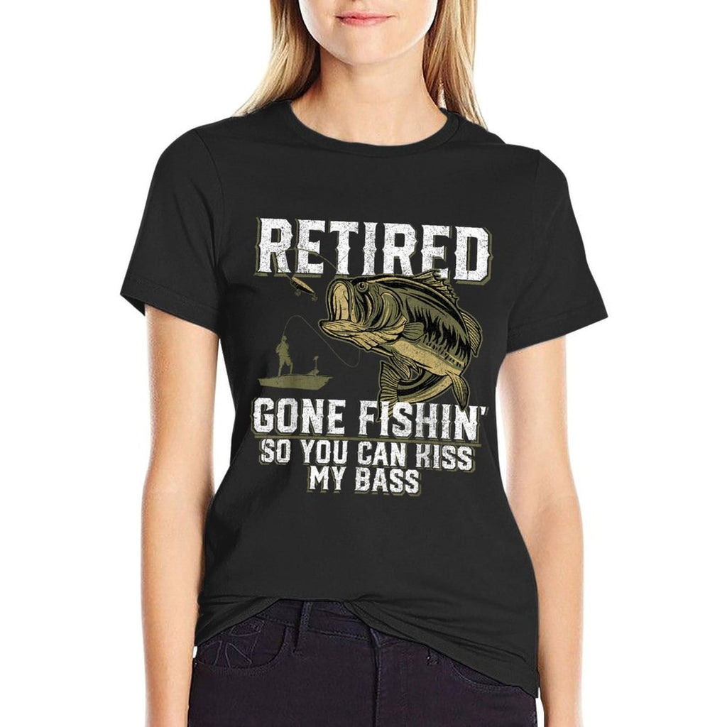 Funny Bass Fishings & Gifts For Men Retired Gone Fishin' Unisex Adult Humor Bass Fishing Black Medium  Fade-proof Color T-Shirt